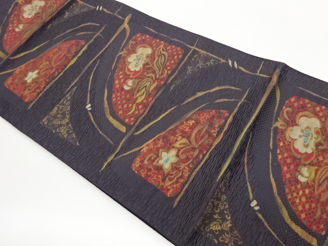 本場筑前博多変わり横段に草花模様織出し名古屋帯